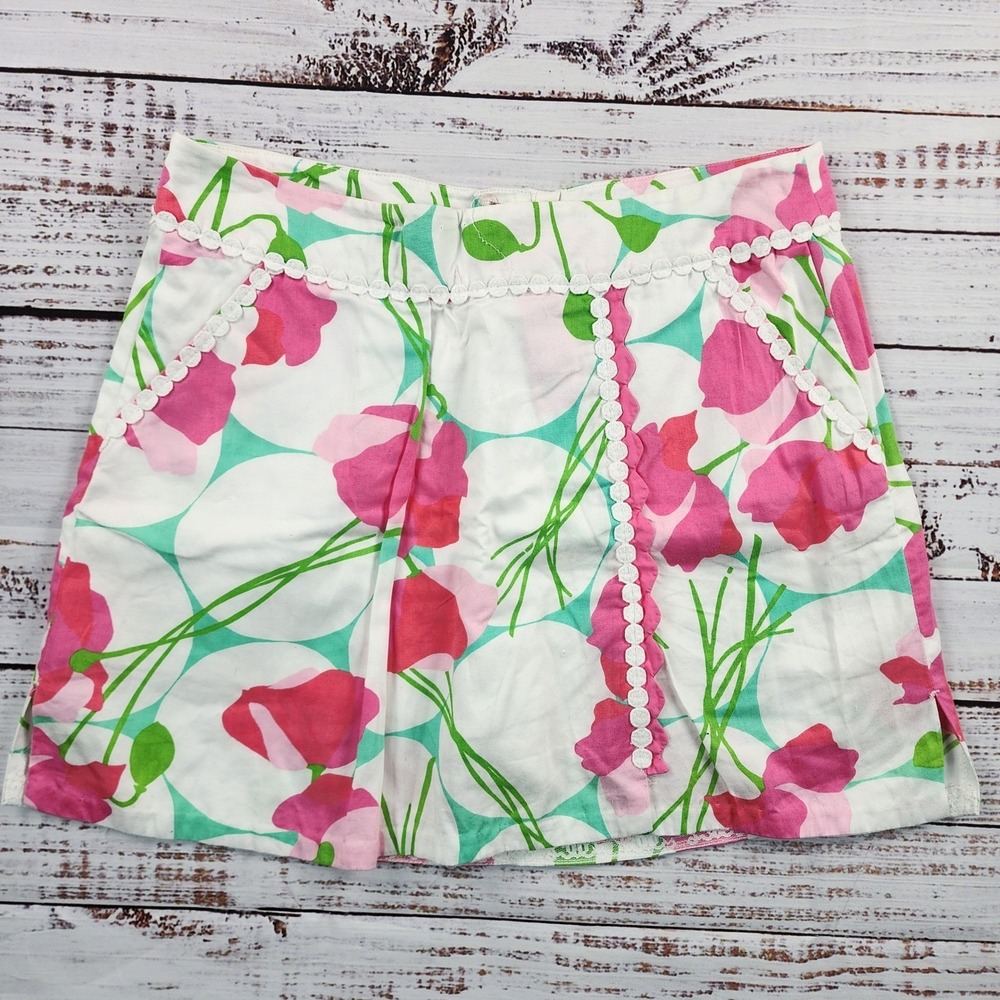 Lilly Pulitzer Floral Poppy Mini Skirt Pink Green Ric Rac Trim Size 12 Preppy